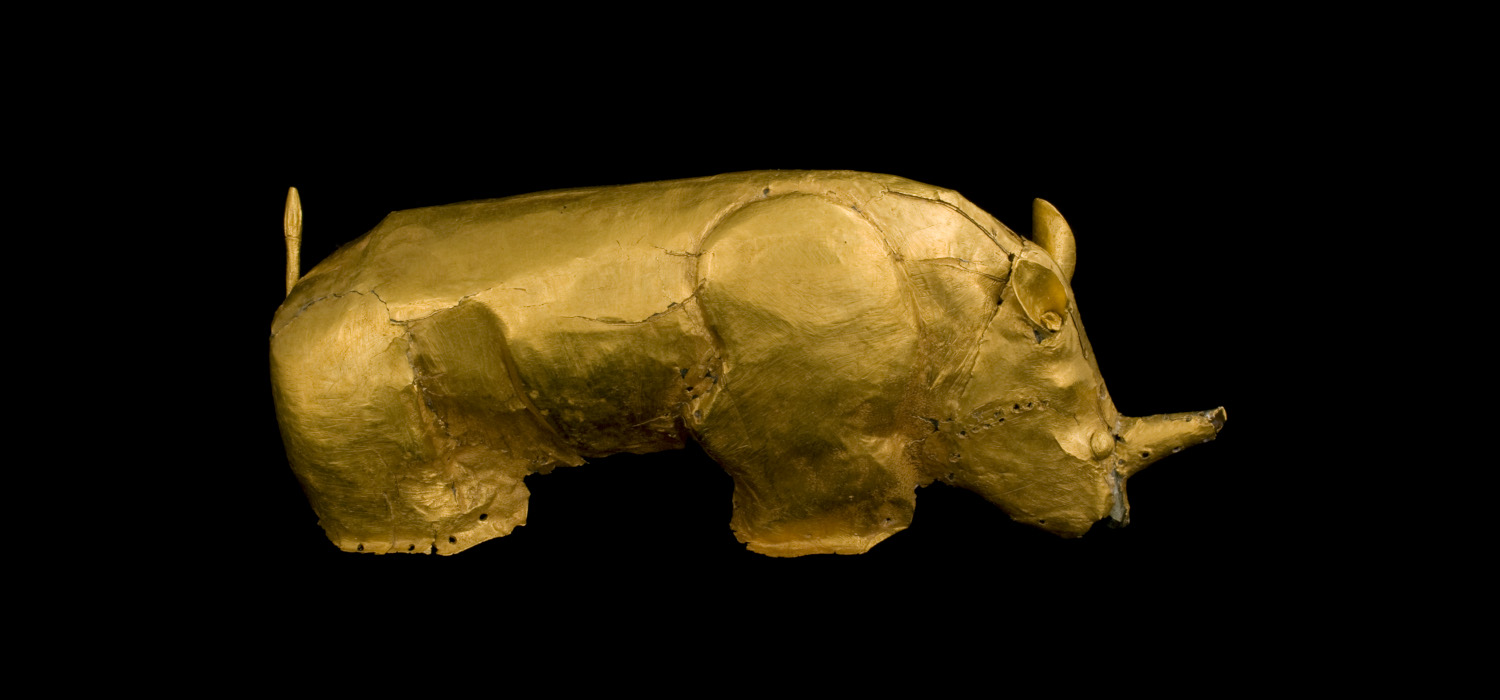 Gold rhino figurine from Mapungubwe Hill, dated AD 1250 to AD 1290 on exhibition at the Javett-UP
